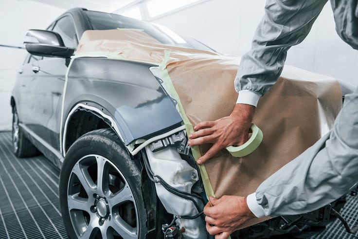 A car repair technician in a garage using a brown cloth to shield a vehicle from dust and debris.