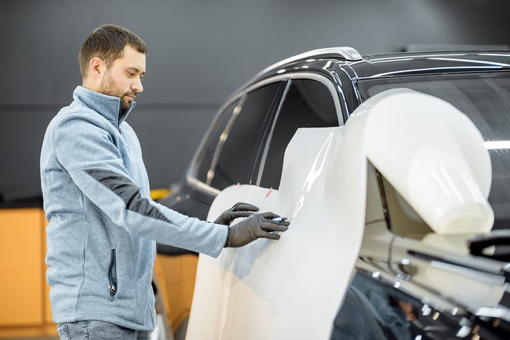 Close-up of a car door being covered with clear paint protection film during a professional installation process.