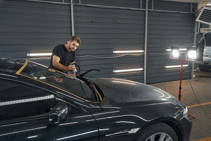 Young technician meticulously polishing a car at Autoworks of Atlanta collision repair center.