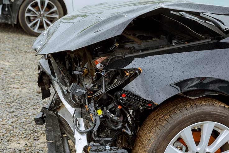 A totaled car with a mangled front end and scorched paint, the aftermath of a devastating accident.