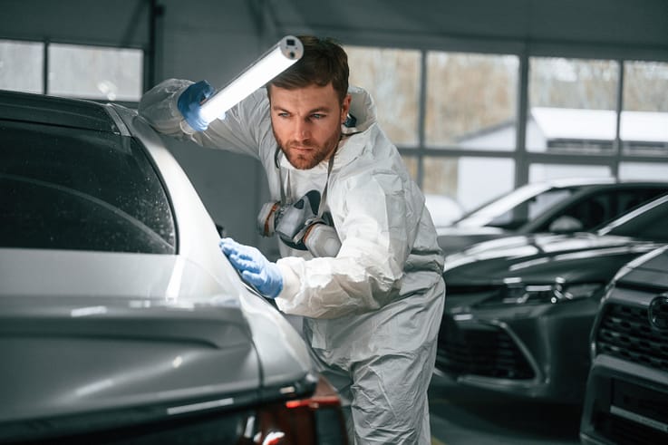 Mechanic carefully assessing the condition of a car's rear panel under bright illumination.